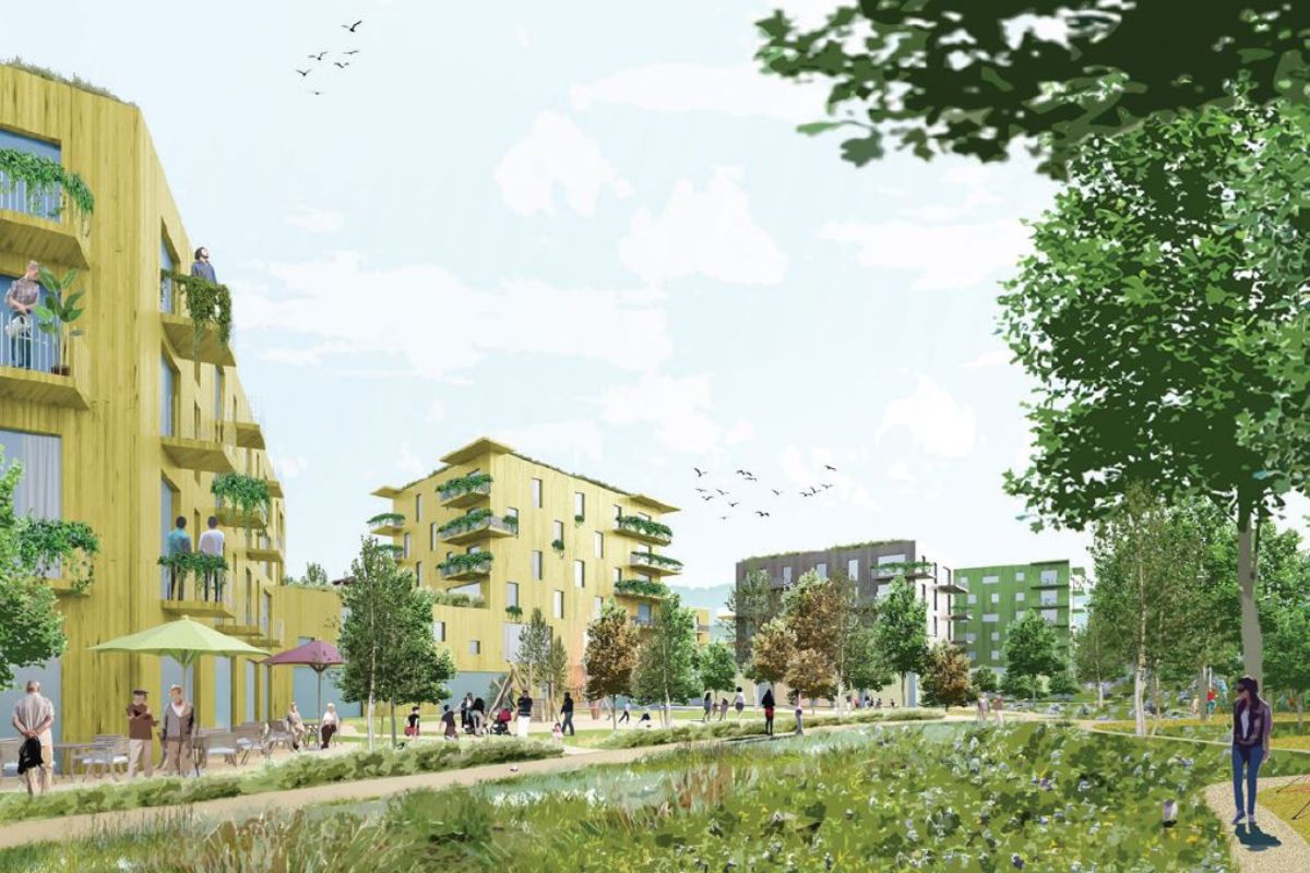 Visualisierung des bebauten Quartiers mit Blick auf den Innenhof Visualisierung des bebauten Quartiers mit Blick auf den Innenhof