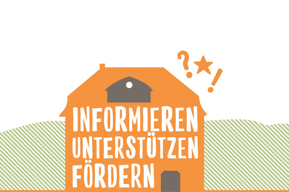 Logo Familienzentrum: Gezeichnetes Haus mit Schriftzug "Informieren Unterstützen Fördern" 