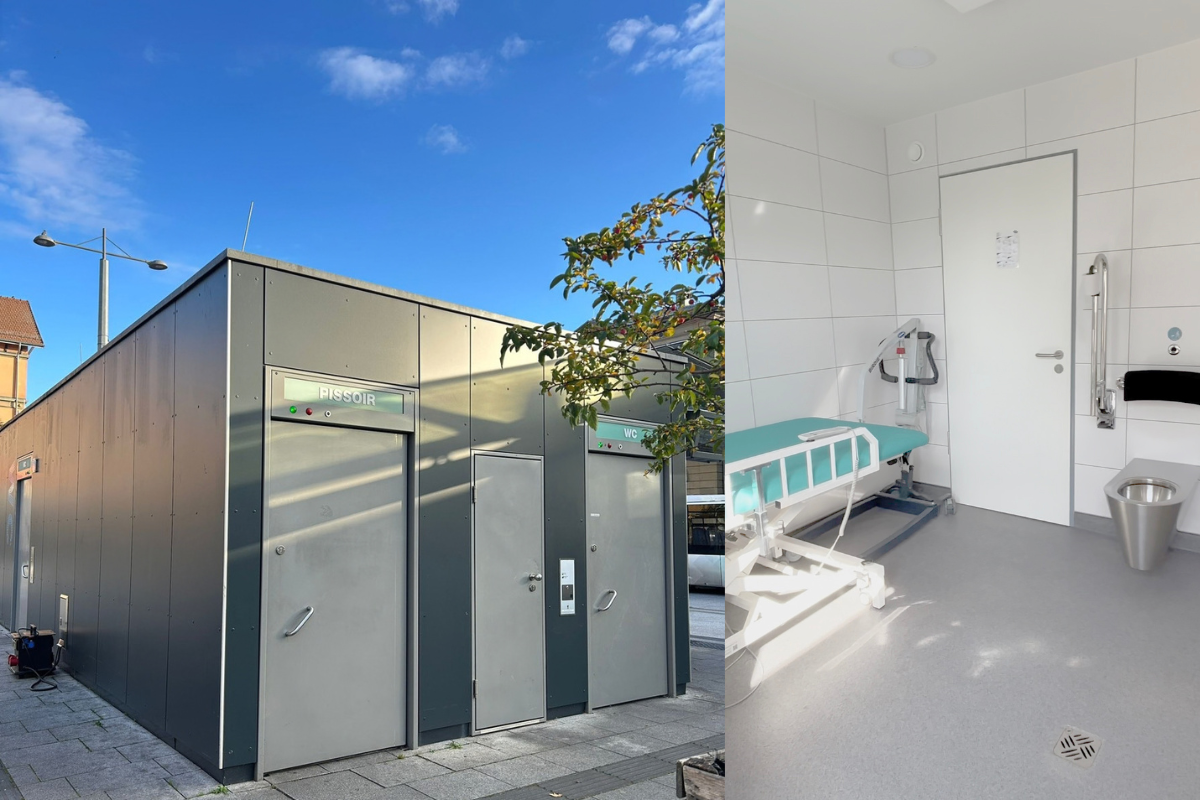 Toilette für Alle Toilette am Bahnhof von außen und Innenansicht Liege und WC