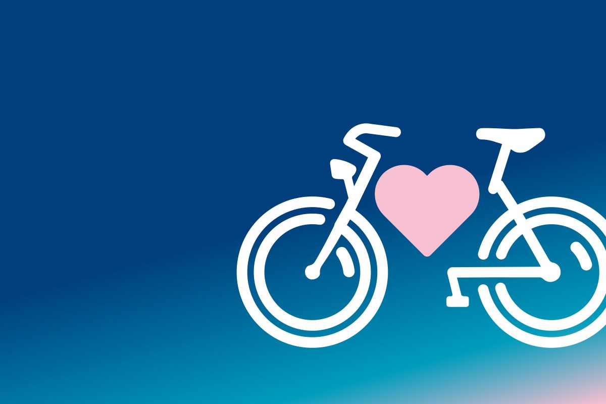 Fahrrad-Icon mit rosa Herz auf blauem Hintergrund