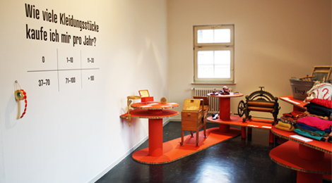 Ausstellungsraum mit Podesten. An der Wand die Beschriftung: "Wie viele Kleidungsstücke kaufe ich mir pro Jahr?" Mehrere Auswahlmöglichkeiten und eine Rolle mit Aufklebepunkten.