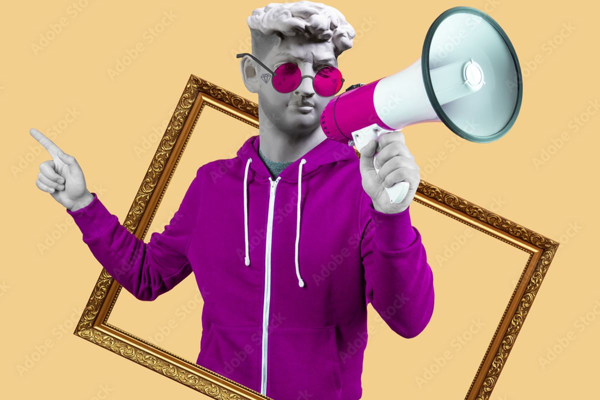 Collage, Männliche Person mit lila Sonnenbrille hält ein Megaphon und schaut durch einen Bilderrahmen