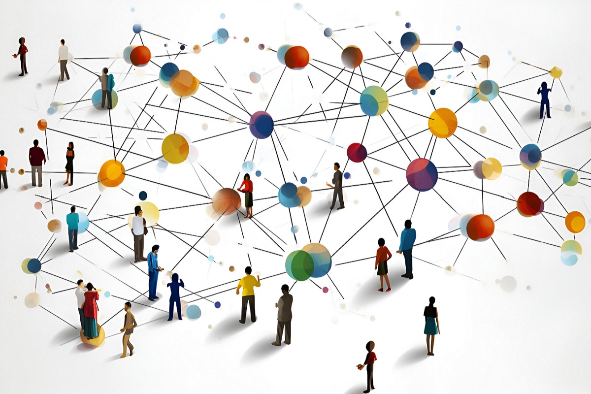 Personen stehen in Netzwerk. Thema Integration, Menschen, Gesellschaft, Migrationshintergrund