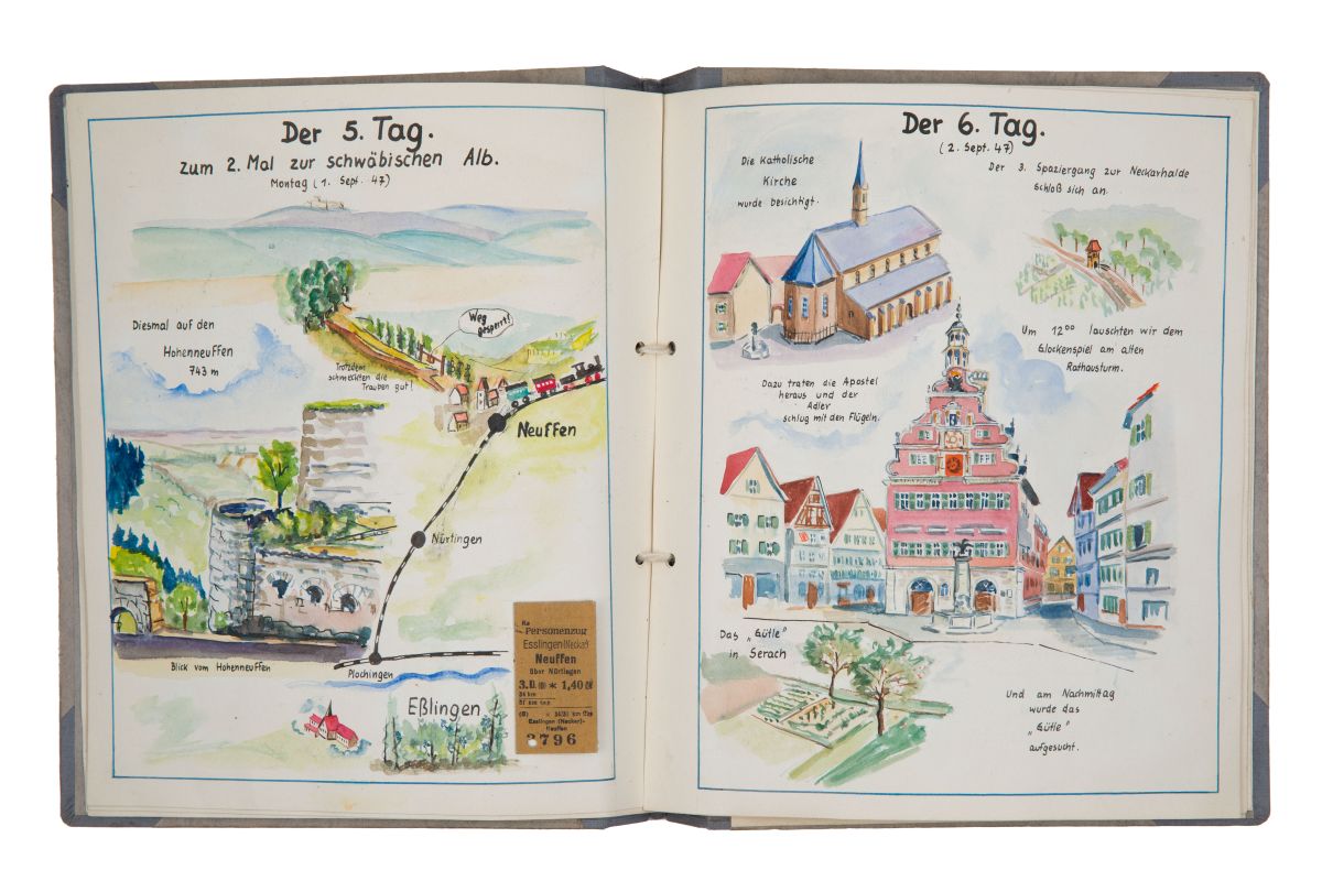 Aufgeschlagenes Reisetagebuch. Zu sehen sind der fünfte und sechste Reisetag, an welchen die Hohenneuffen und die Esslinger Altstadt besichtigt wurde.