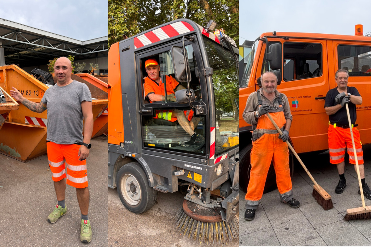 Team Vier Männer der Straßenreinigung in und vor Fahrzeugen oder Containern.