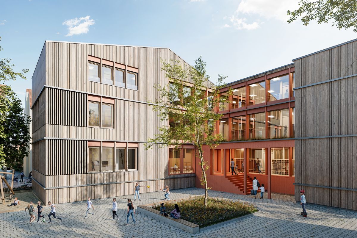 Visualisierung des Schulgebäudes und des Pausenhofs.