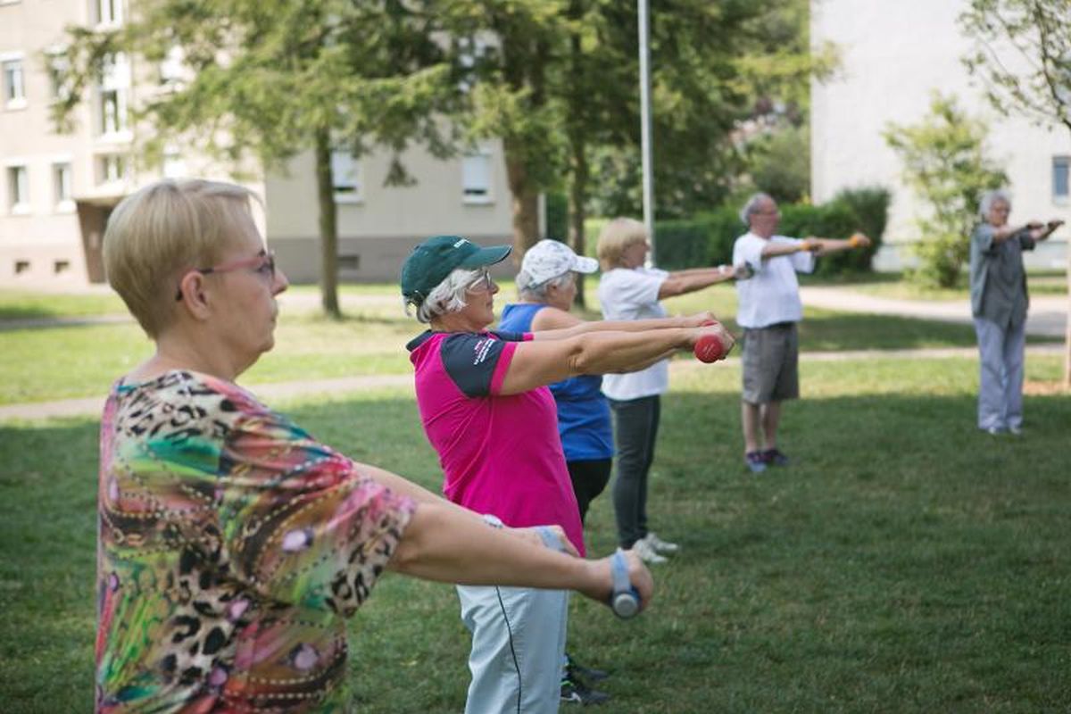Gymnastik Senior:innen machen Gymnastik mit Gewichten im Park