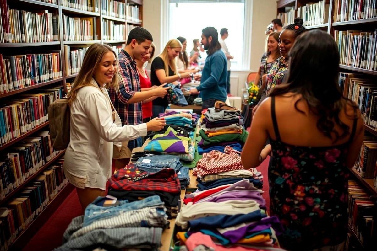 in einem Raum an dessen Wänden Bücherregale stehen