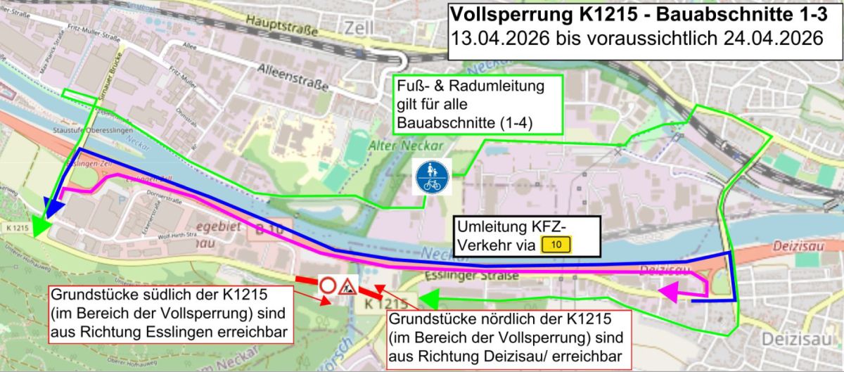 Kartenausschnitt mit eingezeichneten Umleitungen 1. Bauabschnitt