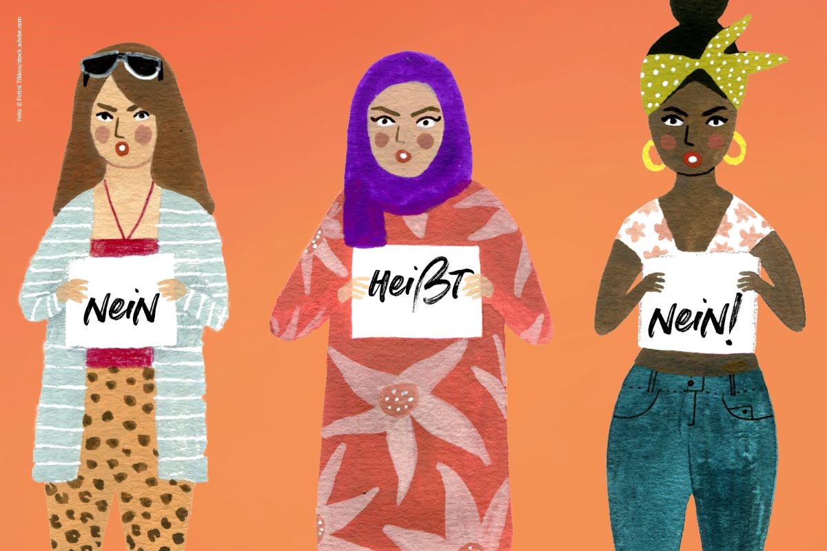 Nein heißt Nein! Zeichnung von drei Frauen mit Schildern mit der Aufschrift "Nein heißt Nein!"