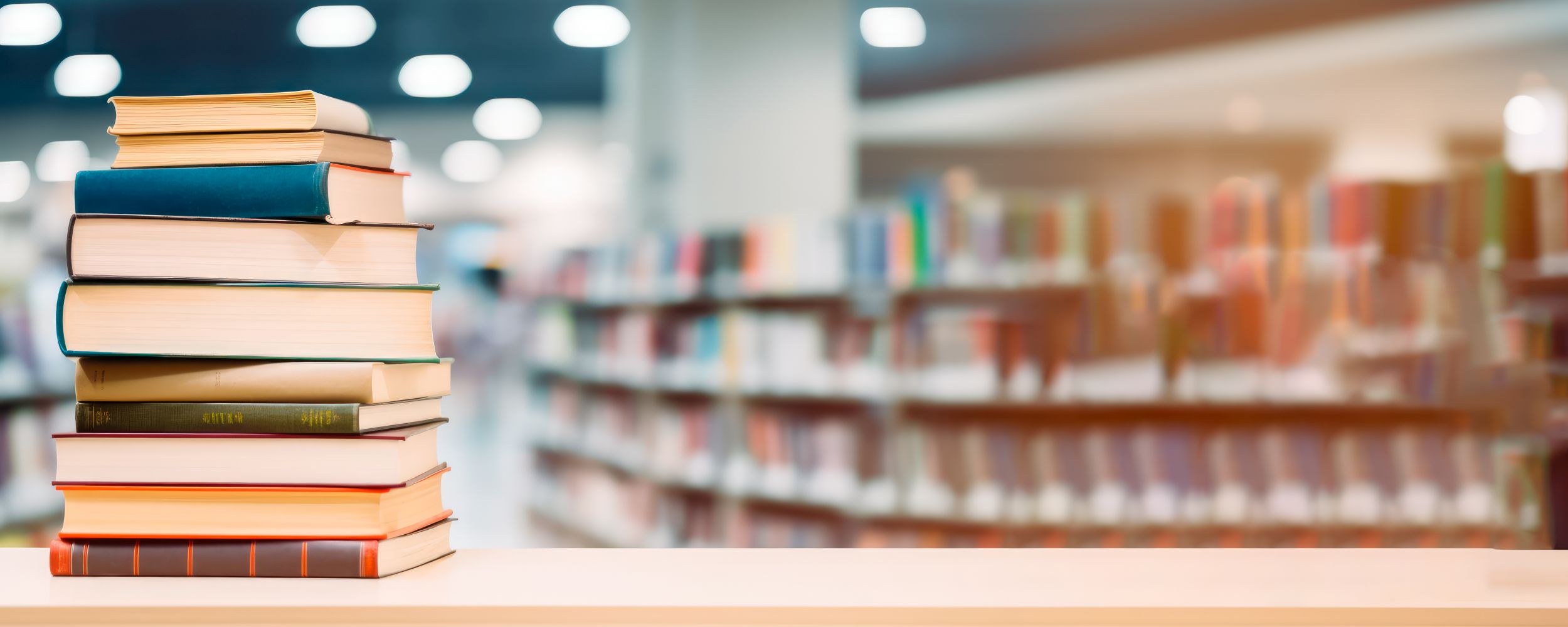 Buchstapel auf einem Tisch, im Hintergrund Bücherregale