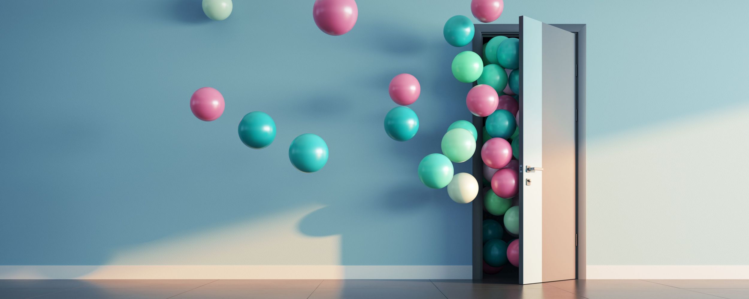 Bunte Ballons fliegen durch eine Tür