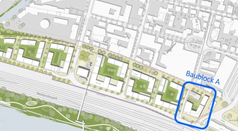 Ausschnitt aus dem Rahmenplan Neue Weststadt, in dem der Baublock A blau umrandet ist.