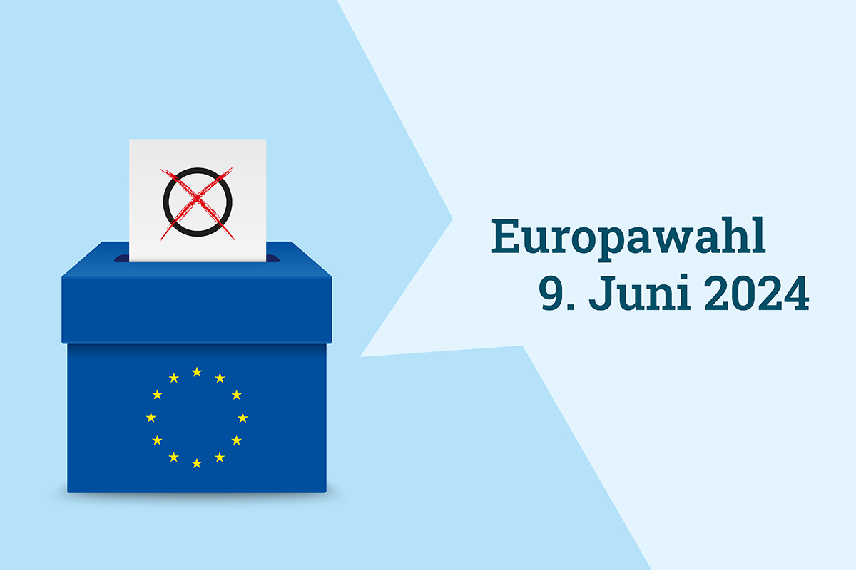 Blaue Wahlurne mit Stimmzettel, Europawahl 09. Juni 2024