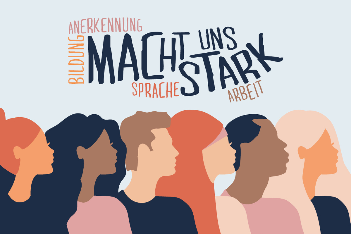 Starke Eltern Zeichnung von zwei Frauen mit Schriftzug: Bildung, Anerkennung, Sprache, Arbeit macht uns stark