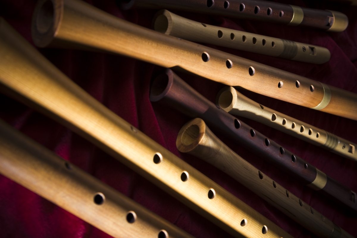 Verschiedene Blockflöten liegen nebeneinander
