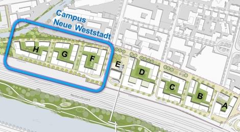 Ausschnitt aus dem Rahmenplan Neue Weststadt, in dem der Baubereich der Hochschule blau umrandet ist.