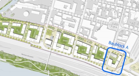 Ausschnitt aus dem Rahmenplan Neue Weststadt, in dem der Baublock A blau umrandet ist. Ausschnitt aus dem Rahmenplan Neue Weststadt, in dem der Baublock A blau umrandet ist.