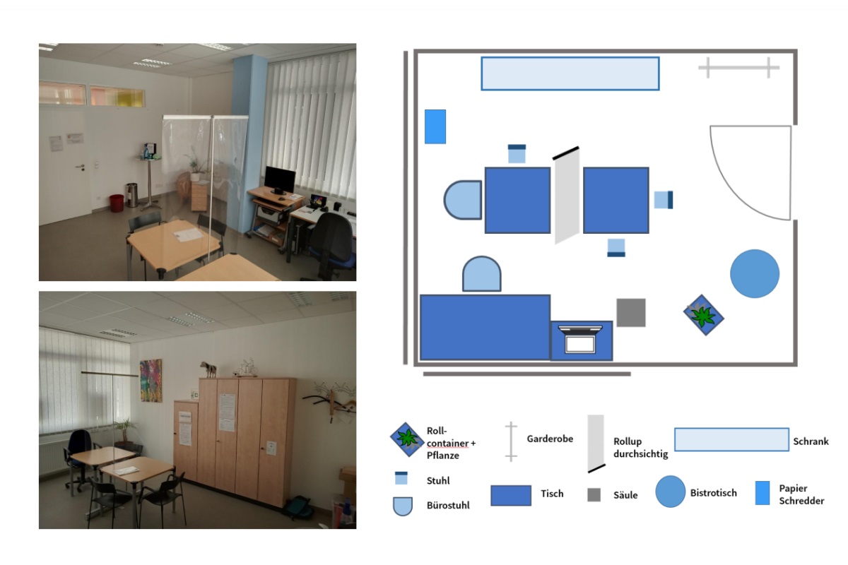 Zwei Fotos des Initiativenbüros aus unterschiedlichen Perspektiven und der Raumplan