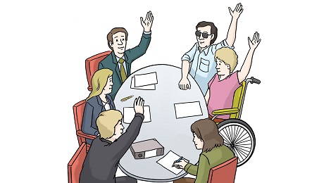 Menschen mit und ohne Behinderung sitzen an einem Tisch und stimmen ab Menschen mit und ohne Behinderung sitzen an einem Tisch und stimmen ab ©St