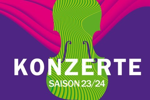 Stilisiertes Streichinstrument als Emblem der Esslinger Meisterkonzerte, Text: Konzerte Saison 23/24