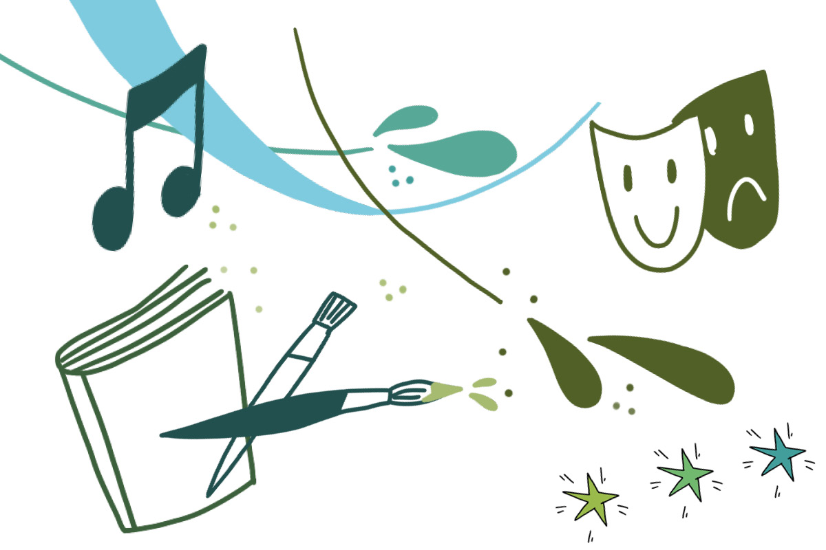 Illustration verschiedener Kultursymbole: Noten, Pinsel, Buch, Theatermasken, Sterne