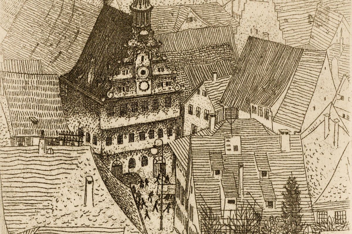Radierung: Blick auf die Esslinger Altstadt und das Alte Rathaus von der Burg aus