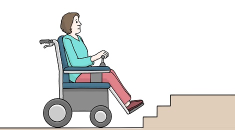 Frau im Elektrorollstuhl steht vor einer Treppe Frau im Elektrorollstuhl steht vor einer Treppe