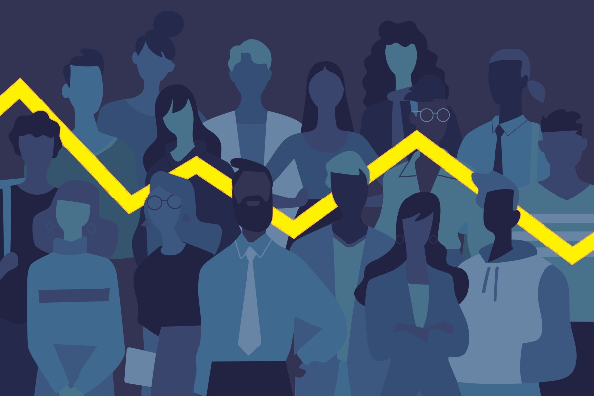 Grafik: Menschen mit einer Statistikkurve