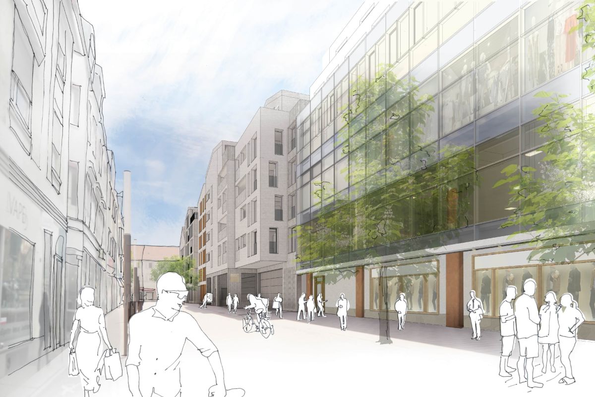 Visualisierung der Bahnhofstraße mit neuem Karstadtgebäude.