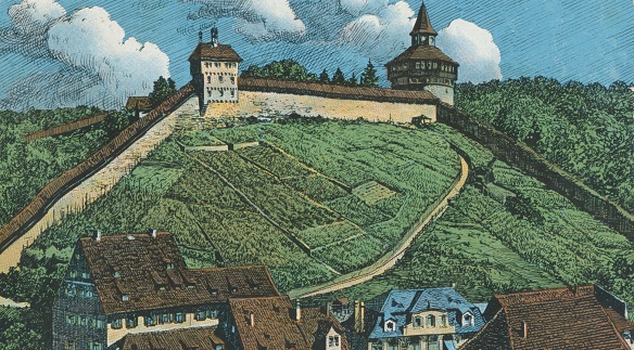 Bildquelle Stadtarchiv - Blick vom Turm der Evang. Stadtpfarrkirche St. Dionys auf die Burg mit Dickem Turm (rechts) und Hochwacht (links). Postkarte des Verlag A. Weismann's Nachfolger, Esslingen, Postkarte von 1913 Bildquelle Stadtarchiv - Blick vom Turm der Evang. Stadtpfarrkirche St. Dionys auf die Burg mit Dickem Turm (rechts) und Hochwacht (links). Postkarte des Verlag A. Weismann's Nachfolger, Esslingen, Postkarte von 1913