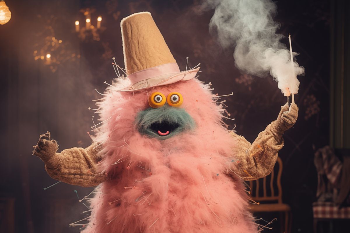 Flauschige Figur mit Hut und einer Wunderkerze in der Hand.