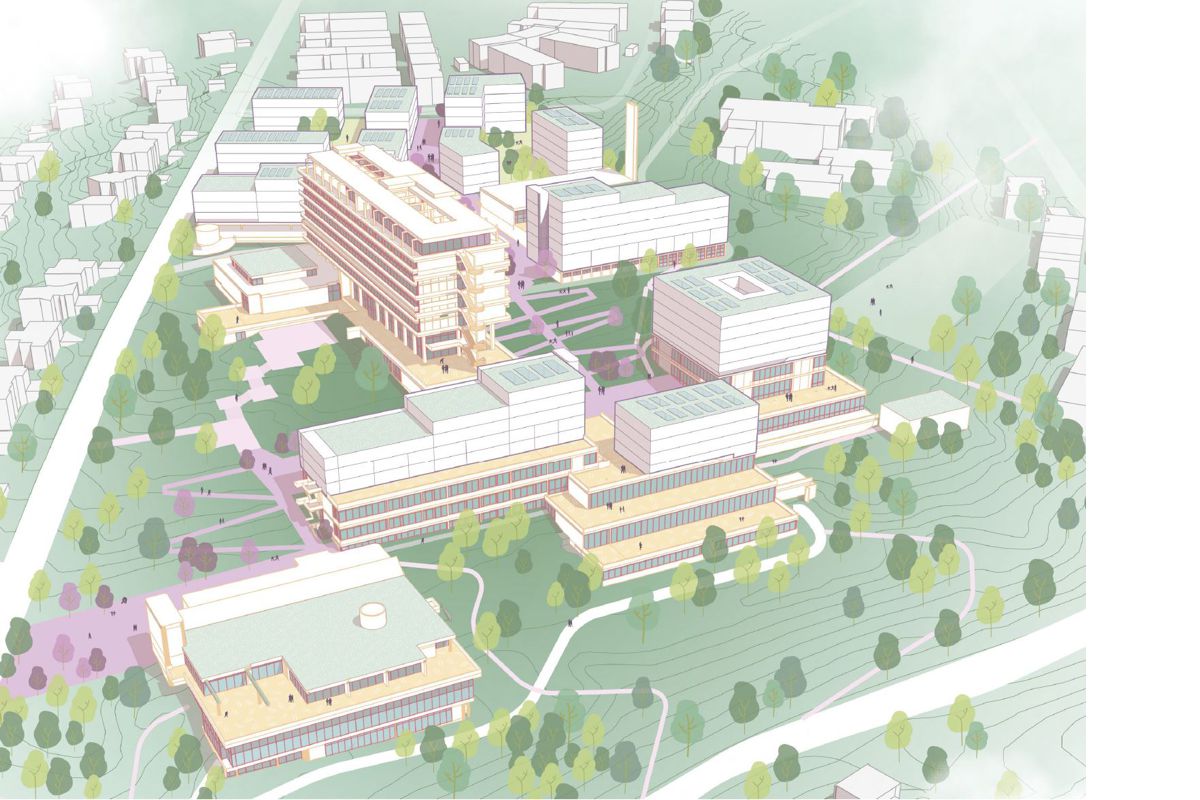 Schrägansicht des Quartiers mit Gebäuden und Freifllächen