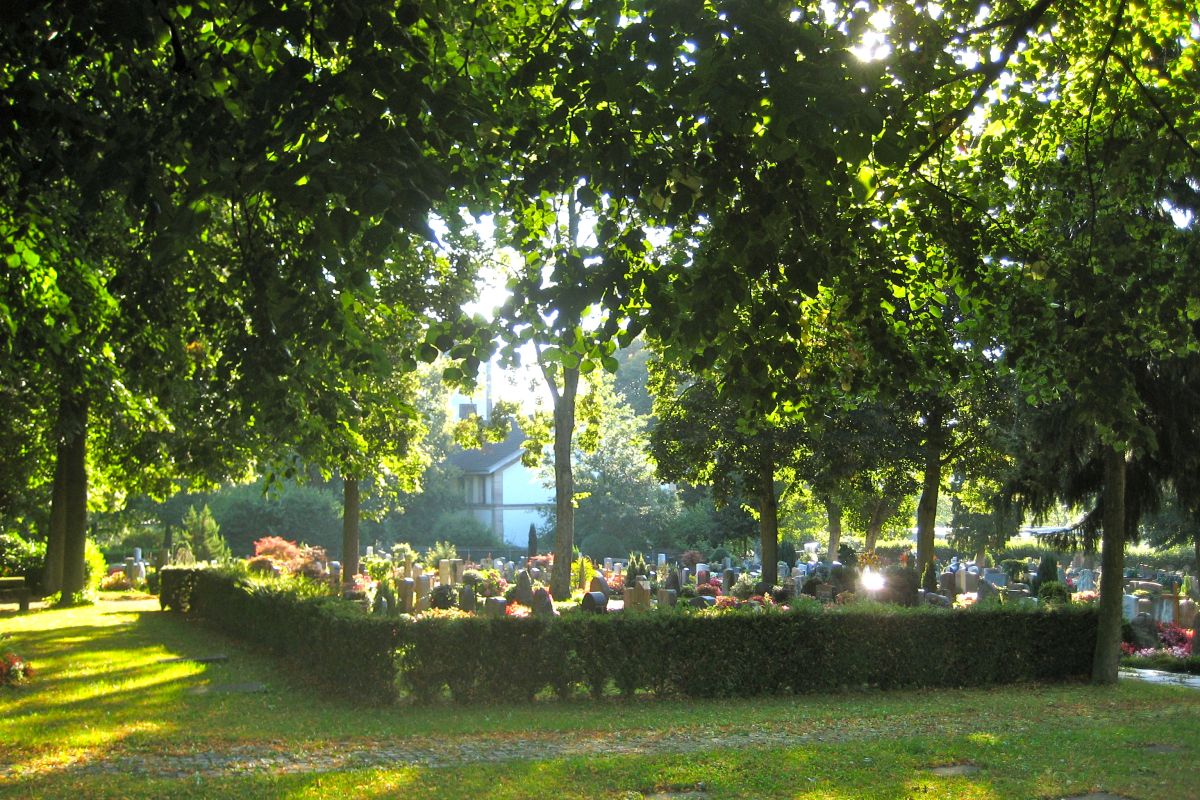 Grabfeld und Blick auf die evangelische Kirche