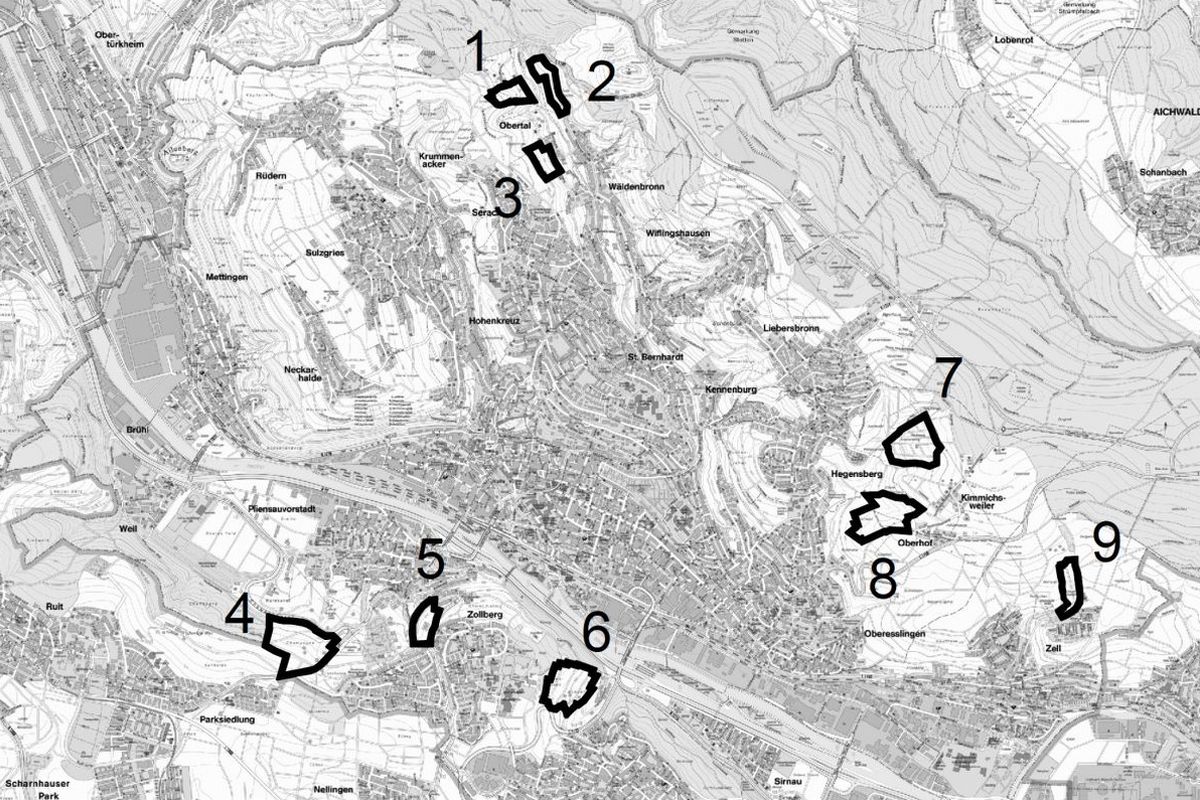 Übersichtsplan mit Lage der neun Teilgebiete im Stadtgebiet