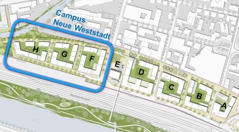 Ausschnitt aus dem Rahmenplan Neue Weststadt, in dem der Baubereich der Hochschule blau umrandet ist. Ausschnitt aus dem Rahmenplan Neue Weststadt, in dem der Baubereich der Hochschule blau umrandet ist.