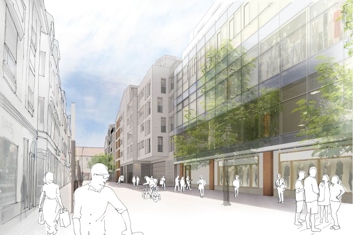 Visualisierung des neuen Karstadt-Areals mit Blick auf die Ecke Martinstraße